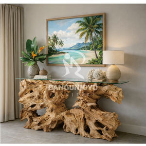 Table console moderne en bois de teck massif avec plateau en verre - Product Image 1