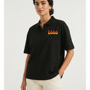 OEM Manufacturer <b>Women's</b> <b>Black</b> Cotton Loose <b>Polo</b> <b>Shirt</b> Short Sleeve Casual Letter Print Front Logo Heat Transfer Oxford Fabric - Product Image 4