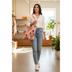 Sac fourre-tout matelassé en coton pour femme, imprimé indien, bleu marine et rayures blanches, réutilisable, vente en gros - Product Image 2