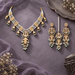 <b>Gold</b> Plated Layered Faux Pearl Necklace Earrings and Maang Tikka <b>Set</b> with Green Beads Bridal Jewelry Factory Wholesale - Product Image 6