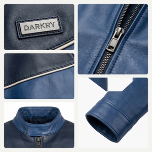 Wholesale Mens Two Tone Blue <b>Leather</b> <b>Biker</b> <b>Jacket</b> Contrast White Piping Snap Tab Stand Collar Cafe Racer B2B Custom Manufacturer - Product Image 6