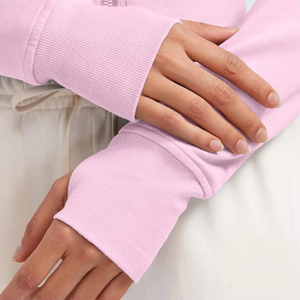 Women's Pink <b>Cropped</b> Hoodie <b>Zip</b>-<b>Up</b> Sweatshirt Full Sleeve Solid Color Knitted Cotton Autumn Wear - Product Image 5