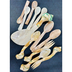 MOTHER OF PEARL SALAD SPOONS 23CM NATURAL IRIDESCENT <b>SHELL</b> SERVERS EXQUISITE HANDMADE VIETNAM HANDICRAFT MOP SERVING SET - Product Image 1