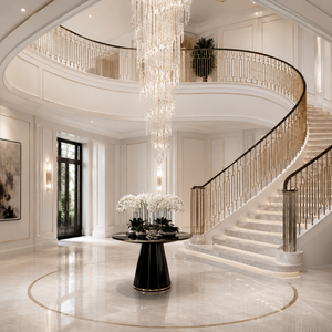 Barandilla de escalera curva de lujo en oro con balaustres geométricos y pasamanos oscuros para diseño interior de vestíbulo de villa moderna - Product Image 3