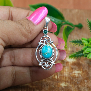 Pendentif fait main en argent sterling 925 avec turquoise naturelle et onyx vert |   Pendentif en argent filigrané vintage, vente en gros de bijoux - Product Image 3