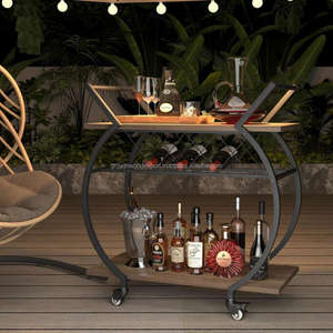 Chariot de bar roulant moderne industriel à cadre métallique rond avec étagères en bois massif et rangement pour bouteilles de vin pour salon - Product Image 6