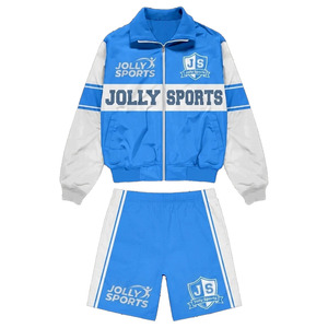 Conjunto corto de chaqueta cortavientos para hombre, ligero, de poliéster, azul y blanco con paneles en contraste, logotipo con transferencia térmica. Conjunto de chaqueta cortavientos y pantalones cortos para hombre. - Product Image 1