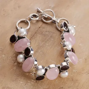 Bracelet en quartz rose, grenat et perles d'eau douce en argent 925, design classique à maillons, pour un usage quotidien féminin - Product Image 3