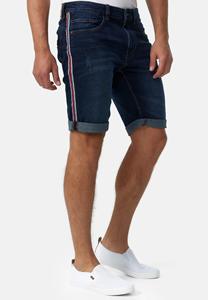 Shorts en jean vintage délavé avec logo personnalisé pour homme, coupe droite, style urbain, boutons sur le devant, décontracté, bleu foncé, avec bande latérale, idéal pour l'été - Product Image 2