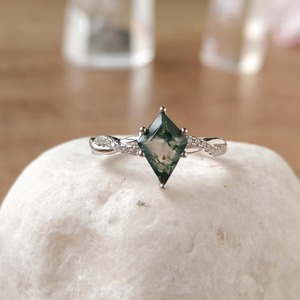 Handmade Kite Shaped <b>Moss</b> <b>Agate</b> CZ <b>Ring</b> Solid Sterling Silver Platinum Rhodium Plated Vintage Green Engagement Wedding Trendy - Product Image 2