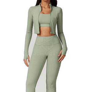 Wholesale Made Custom 3 Piece Crop Top <b>Set</b> Seamless Sportswear Outfit With Long Sleeve Jacket Bra And Leggings - Product Image 2