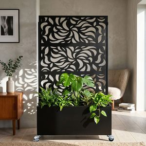 Divisorio Decorativo Autoportante in Metallo Nero con Motivo a Foglie, Fioriera e Recinzione per Patio - Product Image 5