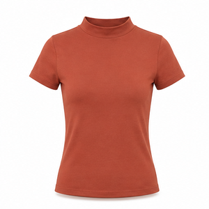 T-shirt personnalisé en jersey de coton côtelé doux pour femme, coupe ajustée moderne, col montant, manches courtes, couleur terre cuite - Product Image 1