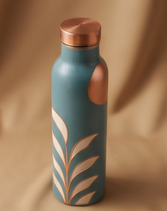 Botella de Cobre Puro con Recubrimiento de Esmalte y Diseño de Logotipo Personalizado, Base Color Verde Azulado, Patrón de Hojas y Tallos, Bebedero Ayurvédico, OEM ODM - Product Image 4