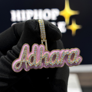 <b>Custom</b> Pink Enamel Script <b>Name</b> Pendant 925 Sterling Silver VVS Moissanite Iced Out Hip Hop <b>Necklace</b> Yellow Gold Personalized Rap - Product Image 1