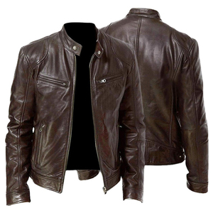 Men's Wholesale Breathable Eco-Friendly PU <b>Leather</b> <b>Jacket</b> with <b>Long</b> Sleeves Stand Collar Canvas Fabric OEM <b>jacket</b> for men - Product Image 4