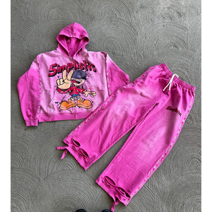 Custom DTG Print Men's Tracksuit Set Breathable Acid Wash Jogger Sweatpants <b>Hoodie</b> Distressed Patchwork Applique Winter - Product Image 3