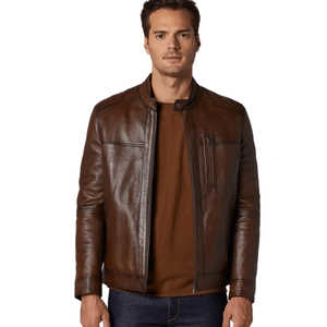 เสื้อแจ็คเก็ตหนังแท้คุณภาพพรีเมียมสำหรับผู้ชาย ฤดูหนาว หนังแกะ กันน้ำ ระบายอากาศได้ดี เป็นมิตรกับสิ่งแวดล้อม คอตั้ง ขายส่ง - Product Image 1