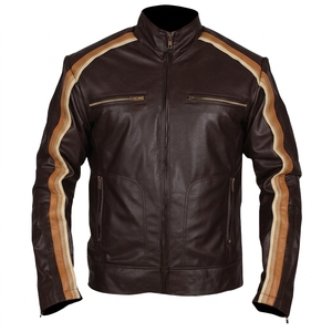 <b>Men's</b> Genuine <b>Leather</b> Motorcycle <b>Jacket</b> Stand Collar Zipper Closure Brown With Tan Stripes Moto Biker Style Autumn Wear - Product Image 1