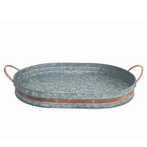Plateau de service ovale en métal galvanisé avec poignées en cuivre, finition polie, pour usage résidentiel, hôtels, fêtes, service de nourriture et de boissons - Product Image 1
