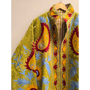 Veste zippée en velours vert pour femme avec col rabattu, manches longues, broderie cachemire, style bohème - Product Image 3