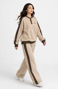 Conjunto Deportivo Oneten Apparel para Mujer, Cuello Henley, Color Beige Marrón, Pantalones Jogger de Pierna Ancha - Product Image 3