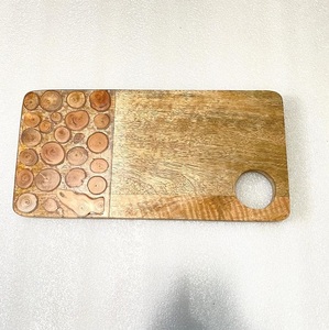 Most Popular Acacia Wood Resin Round <b>Shape</b> Cheese Board with Handle Wooden Epoxy Resin Chopping <b>Blocks</b> Custom Breakfast Board - Product Image 5