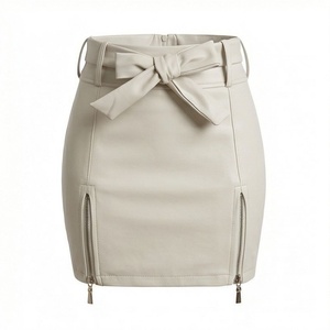 Jupe crayon mini en cuir PU taille haute pour femme avec nœud et fermetures éclair latérales, style club sexy, couleur unie - Product Image 1