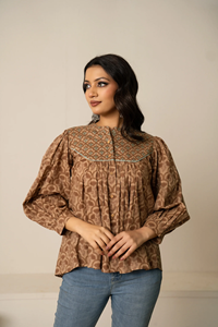 Haut boutonné en coton imprimé à la main style bohème pour femmes |   Tunique à manches longues de style ethnique décontracté pour les acheteurs en gros, qualité d'exportation - Product Image 3