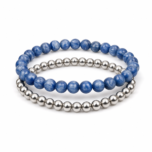 Stacking Crystal <b>Beaded</b> <b>Bracelet</b> Set with Clear Quartz 8mm and Silver Tone Bangle for Women's Everyday Wear Layered Style - Product Image 5