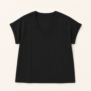 Camiseta de Mujer con Cuello en V, 100% Algodón, Sólida, Transpirable, Ecológica, Manga Corta Enrollada, Tejido de Punto, Corte Regular, Ropa Casual de Verano - Product Image 4
