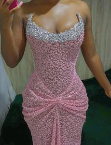 Luxury Pink Crystal Beaded Modest Sweetheart Bodycon Evening <b>Dress</b> <b>Spaghetti</b> <b>Strap</b> Sequin Formal Party Sweep Train - Product Image 4