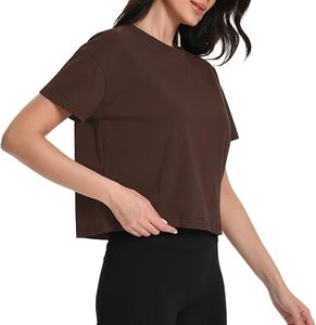 Women's Brown Crew Neck <b>Cropped</b> T-Shirt Knitted Solid Color Workout Short Sleeve <b>Top</b> - Product Image 1