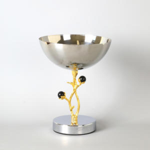 Luxury Silver Pedestal Serving Bowl With Gold Branch Black <b>Crystal</b> Stem Elegant Metal Compote Chalice For Home Decor - Product Image 1