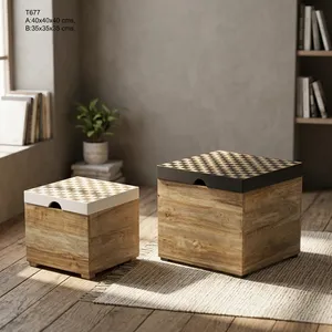 Ensemble de 2 boîtes de rangement en bois artisanal, en bois de manguier texturé, avec couvercles et poignées noires, pour la décoration de la maison - Product Image 5
