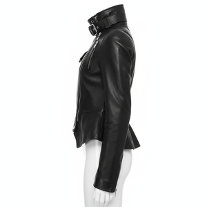 Veste en cuir noire pour femme, style motard, coupe slim, streetwear décontracté, couleur unie - Product Image 3