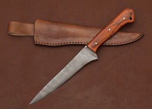 Cuchillo de filetear dentado de acero de Damasco con mango de madera y funda de cuero, hoja de punta caída de 11 pulgadas, fabricado a medida OEM - Product Image 3