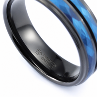 Bague de mariage vintage facettée en carbure de tungstène noir avec incrustation martelée bleue personnalisée pour femmes et hommes – Vente en gros