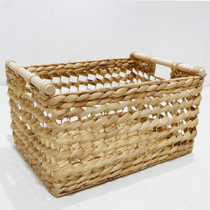 Handwoven Natural Water Hyacinth <b>Storage</b> <b>Basket</b> <b>Rectangular</b> Sundries Bin with Wooden Handle - Product Image 5