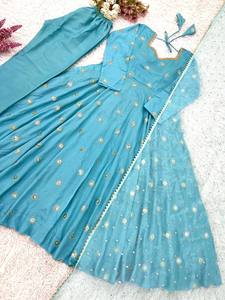 Ethnic Salwar Kameez Women's Vichitra <b>Silk</b> with Heavy Embroidery Sequence Work Anarkali <b>Kurta</b> Pant Set Dupatta Party - Product Image 5
