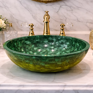 Lavabo Redondo de Malaquita Verde Premium para Baño, Lavabo de Mosaico para Decoración Moderna y Lujosa - Product Image 1