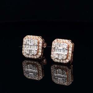 Pendientes cuadrados de oro rosa de 10K con diamantes cultivados en laboratorio de 1.02 CTW, corte baguette y redondo, joyería nupcial, regalo de aniversario para ella. - Product Image 3