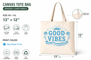 Sac fourre-tout en toile de coton AMANI 300 g/m², H-12" L-13", avec longues poignées, écologique, réutilisable, imprimé sur mesure, Good Vibes - Product Image 3