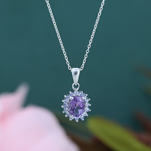 Natural Amethyst Birthstone Pendant <b>Necklace</b> in 925 <b>Sterling</b> <b>Silver</b> with Halo Design for <b>Women</b> - Product Image 3