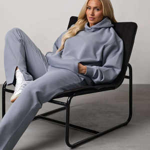 Ensemble de survêtement oversize pour femme, bleu brume, coupe décontractée, comprenant un sweat à capuche et un pantalon de jogging à jambe droite, 2 pièces, pour le quotidien et l'entraînement - Product Image 2