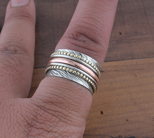 Wholesale 925 Sterling <b>Silver</b> Brass <b>Spinner</b> <b>Ring</b> Two Tone Dotted Meditation Band Handmade Anti-Stress Fidget <b>Ring</b> for Men - Product Image 3