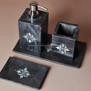 Decoración única de madera MDF resina baño de madera decoración hexagonal accesorios de baño conjunto de dispensador de jabón líquido - Product Image 1