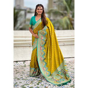 Sari de Seda Darbari Verde Mehendi con Tejido Zari, Conjunto Elegante para Mujer - Product Image 1