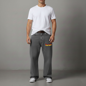 High Quality 100% Cotton Denim <b>Embroidered</b> Autumn Stonewashed Straight Hip Hop Wide Leg Vintage Baggy Fit <b>Jeans</b> Men's - Product Image 1