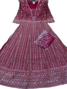 Elegant Women's Pink Embroidered Anarkali Lehenga Set 3-Piece Full Length V-Neck <b>Top</b> Dupatta Striped Pattern Handwork Design - Product Image 3